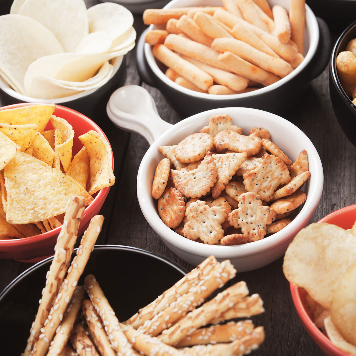 display of salty processed snacks like potato chips