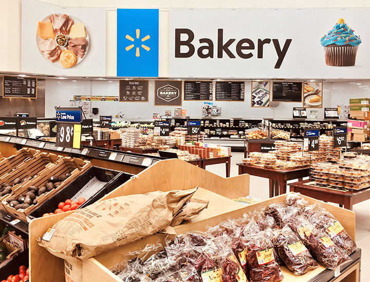 Walmart interior store bakery section with breads and other baked goods