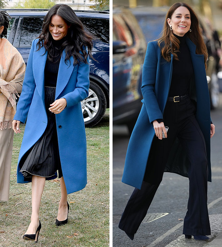 Meghan Markle and Kate Middleton in similar royal blue long coats