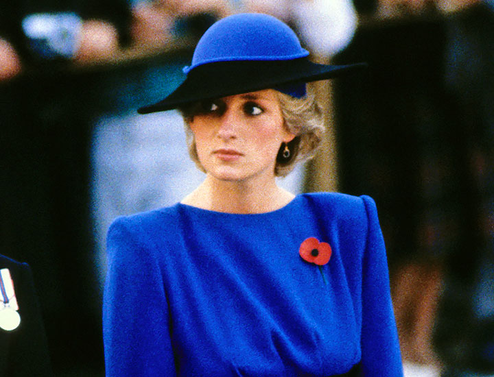 Princess Diana wearing a blue dress, hat, and a red poppy