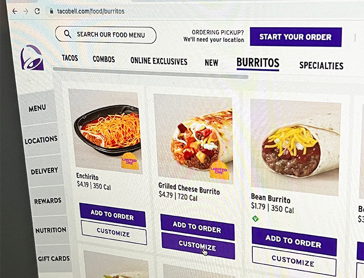 Taco Bell website menu with calories listed