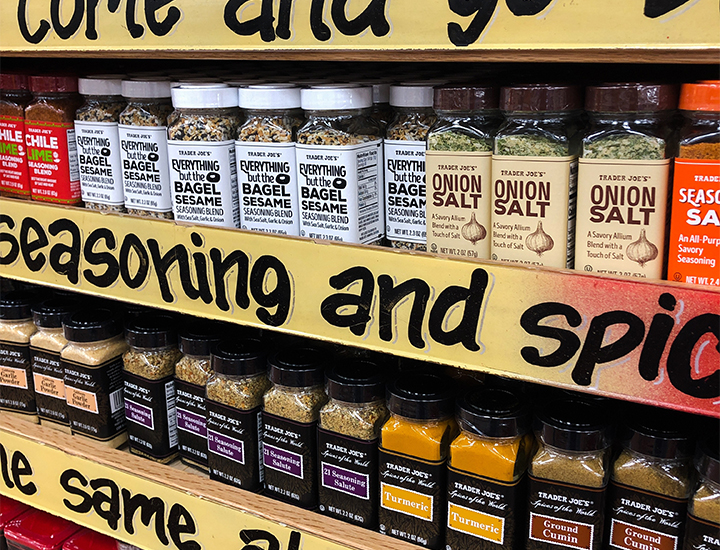 Shelf of Trader Joe's spices and seasonings in store