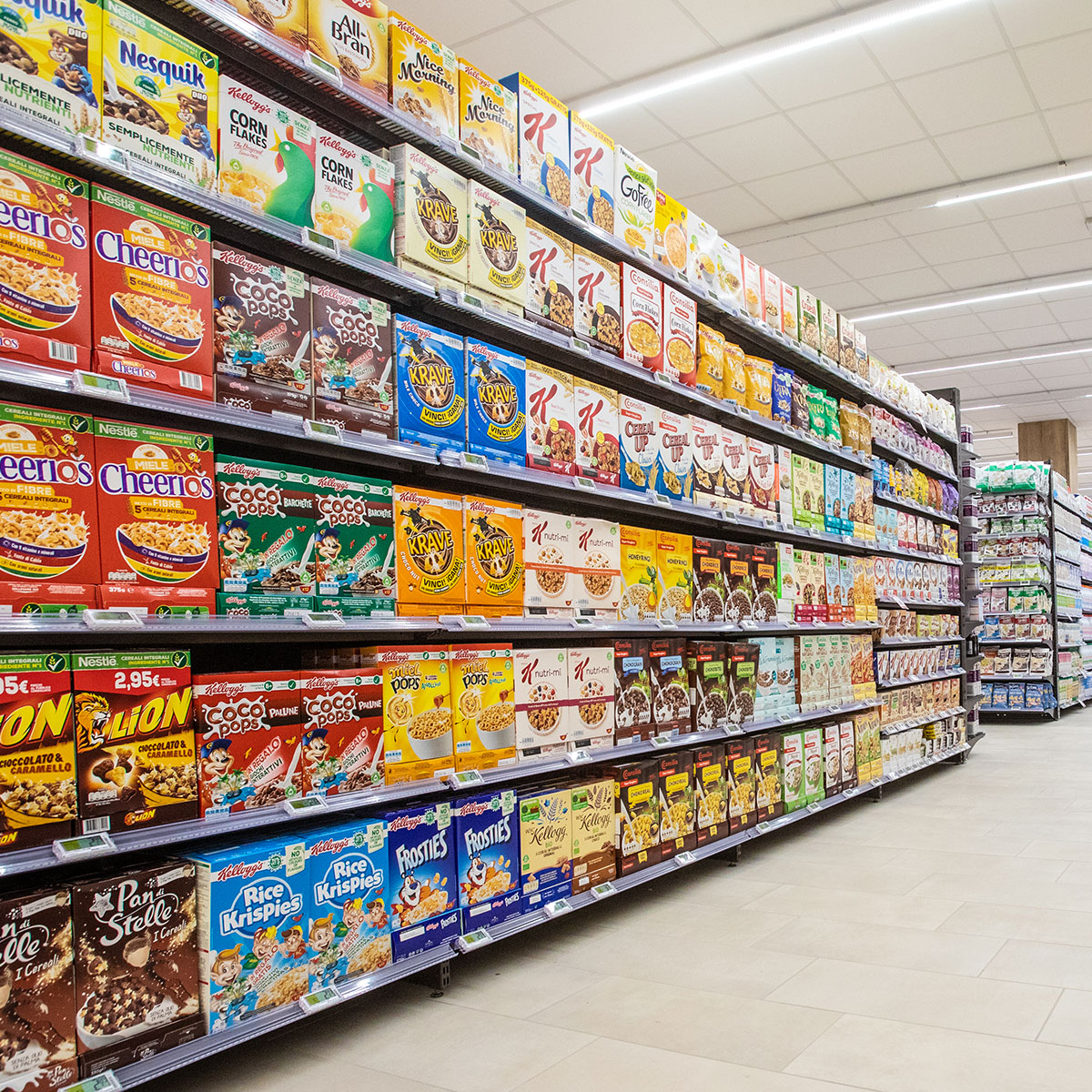 cereal box aisle at grocery store