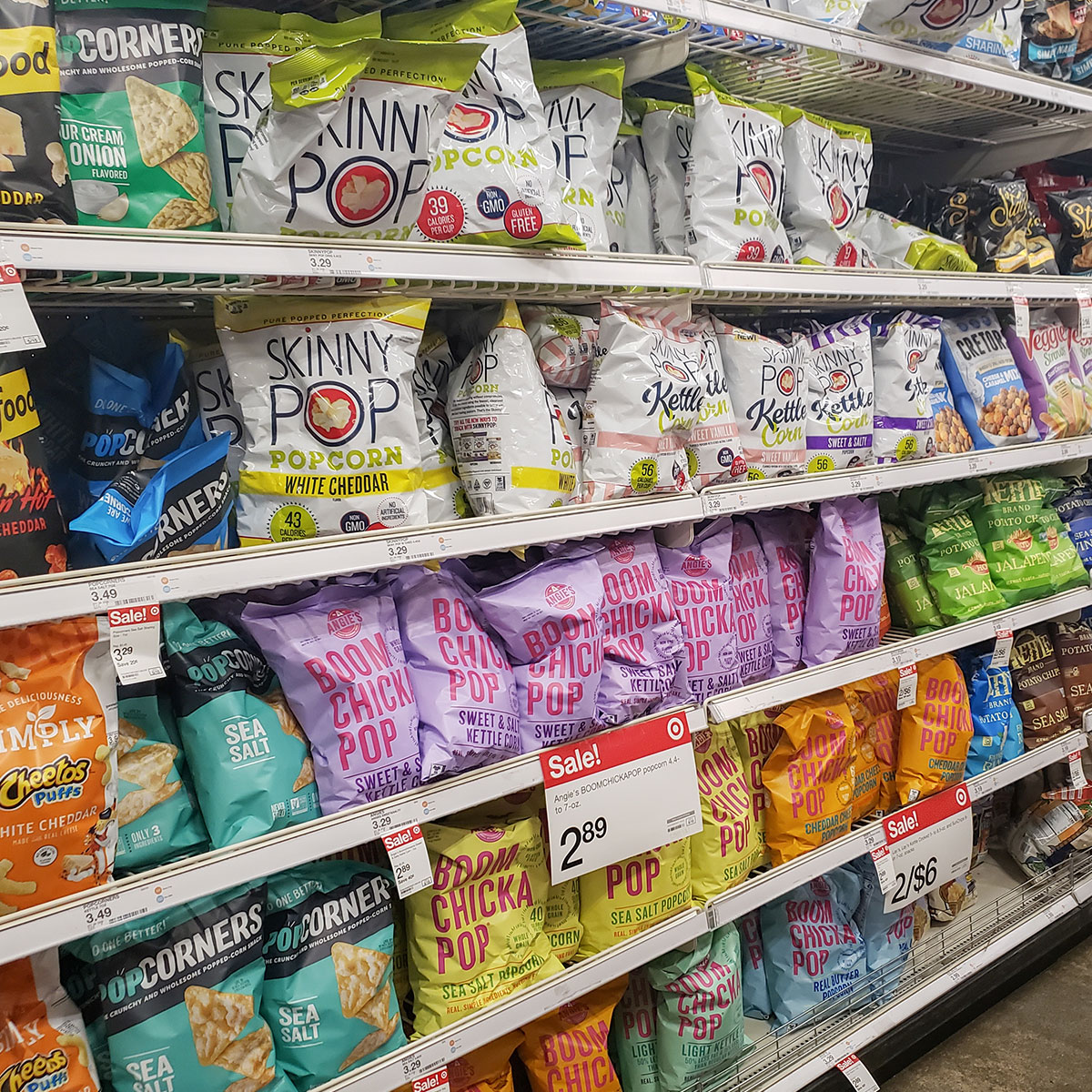 salty snack aisle of grocery store