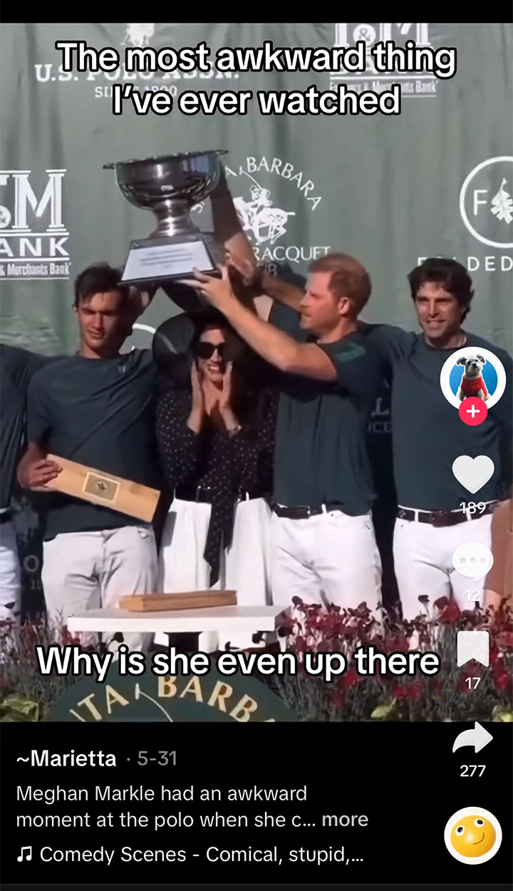 Screen shot from video of Meghan Markle's awkward moment at the polo club