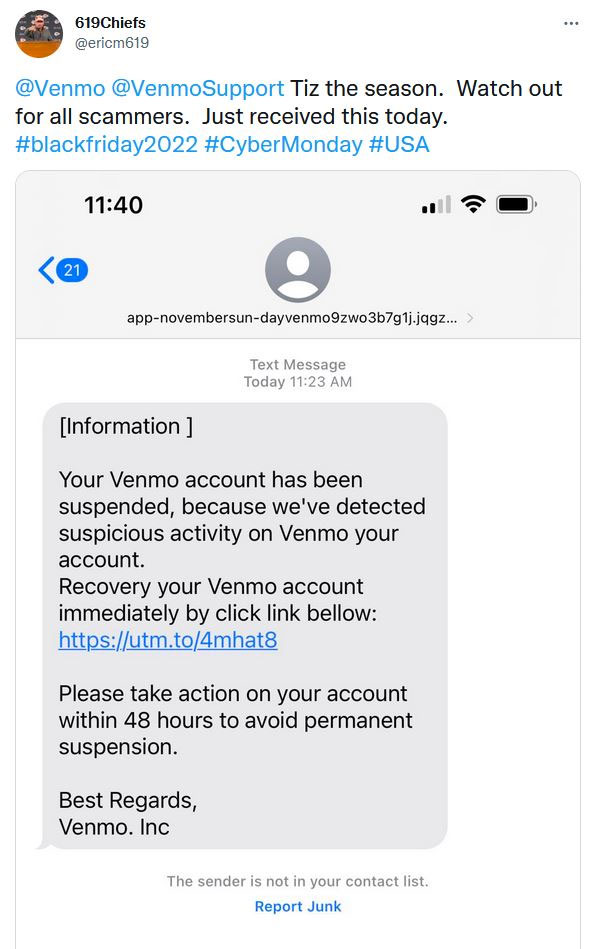 Venmo scam text example Tweet