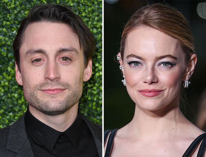 kieran culkin emma stone red carpet diptych headshots side-by-side