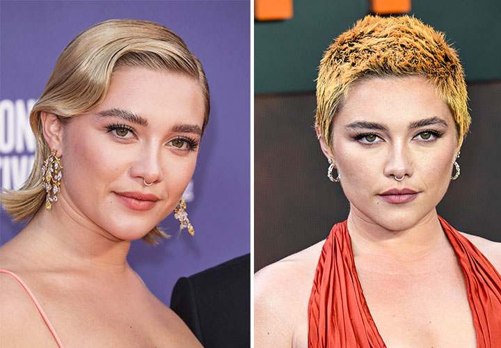 Florence Pugh with a bleach blonde bob and orange buzzed hair