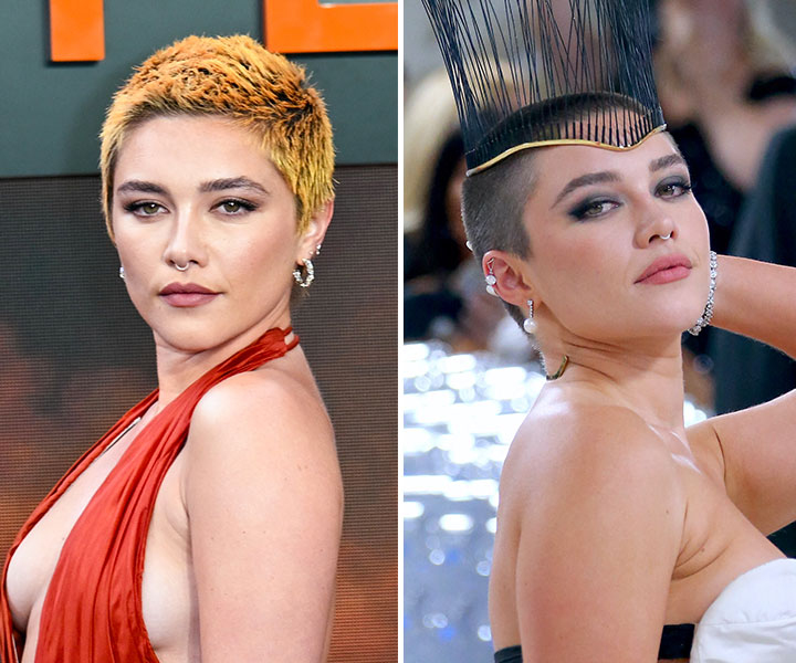 Florence Pugh with 2 different 2023 shaved head looks