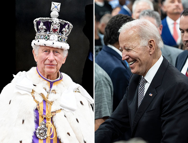 King Charles III at his coronation and President Joe Biden