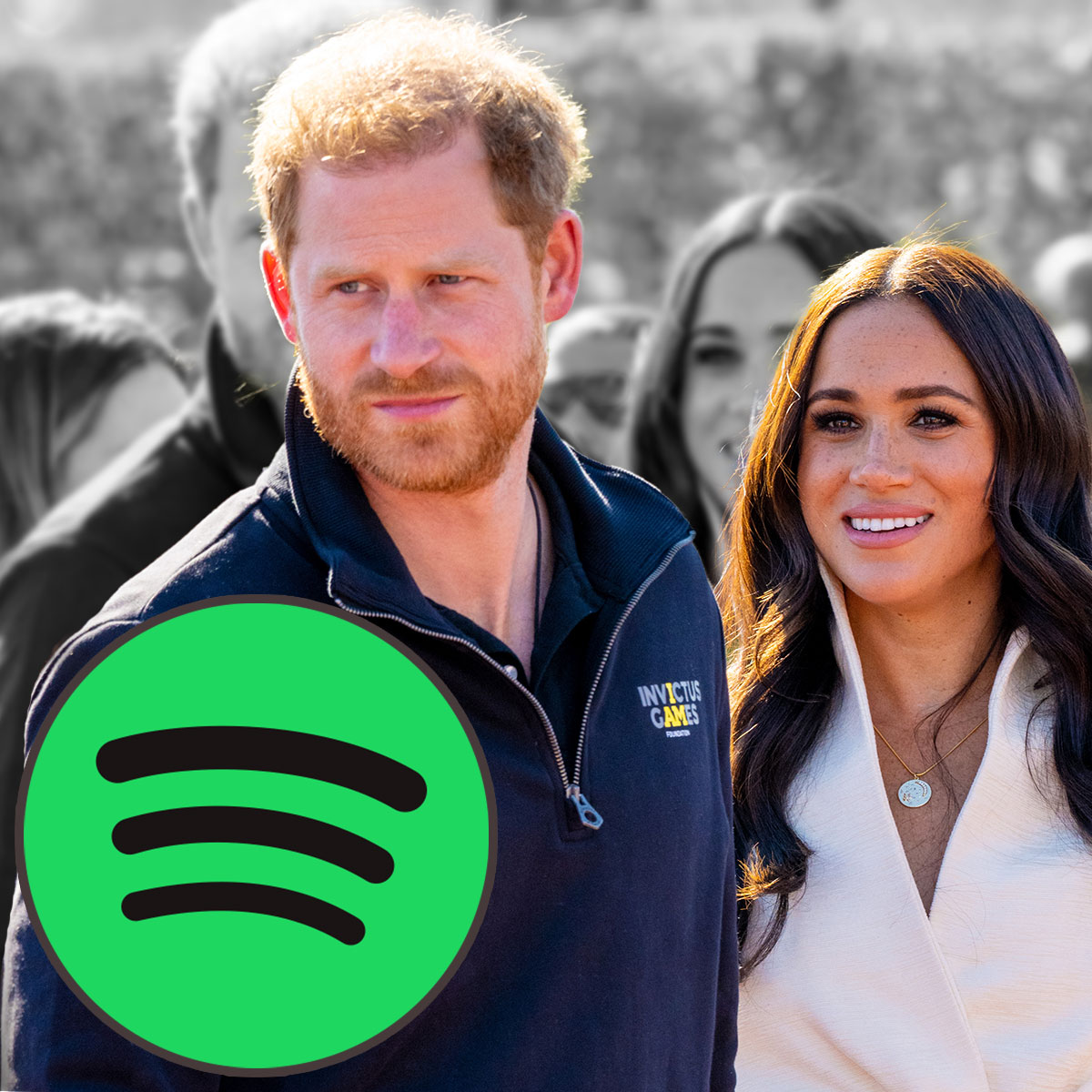 Meghan Markle, Prince Harry and Spotify logo overlay