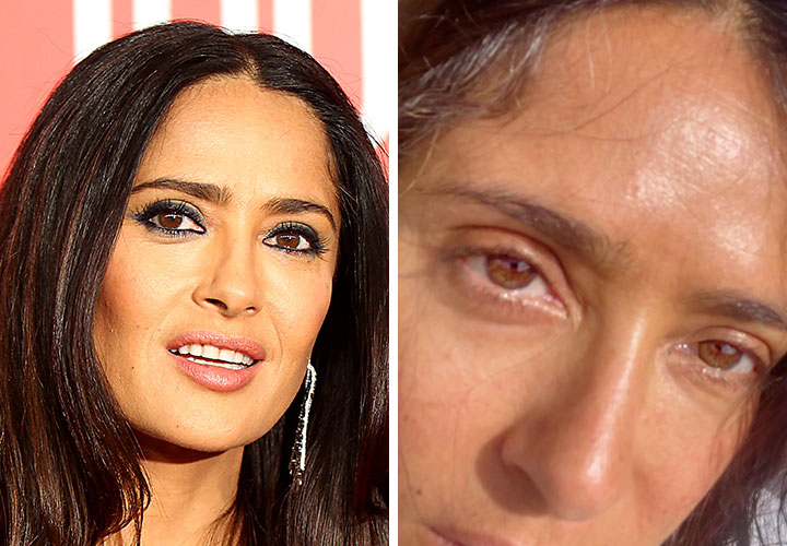 Salma Hayek red carpet vs gray hair selfie