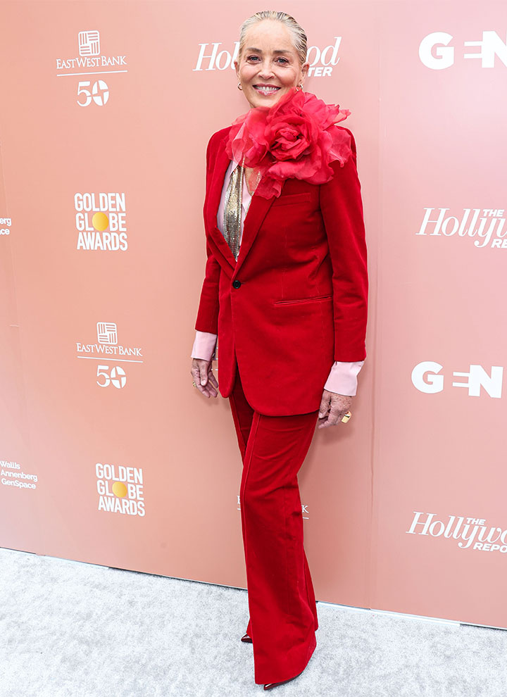 sharon stone fiery red suit red carpet hollywood