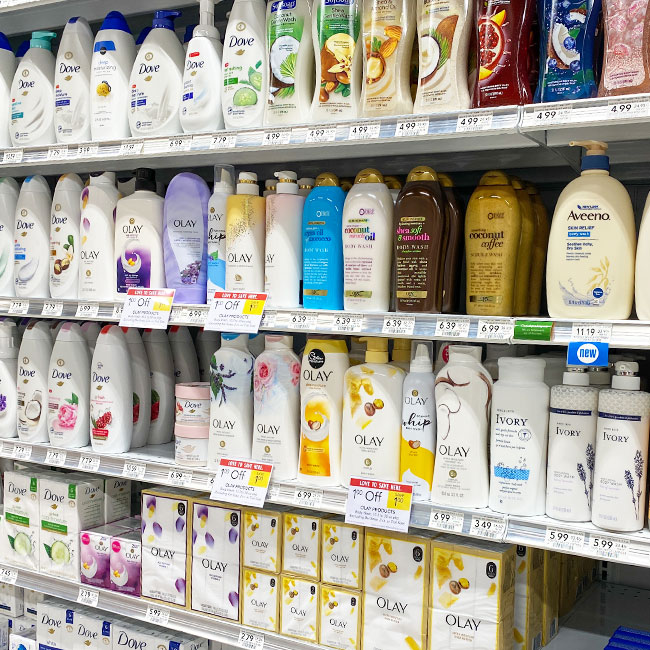 drugstore shampoo shelves options in store