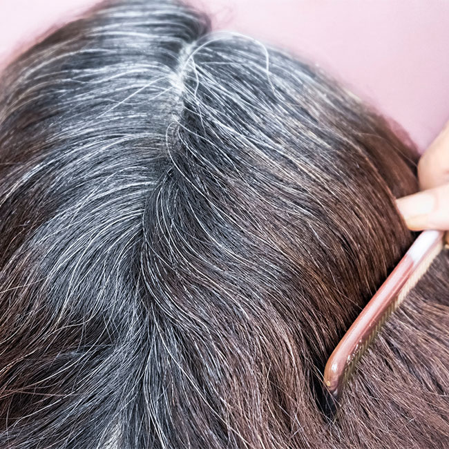 gray hair with graying roots pink background combing