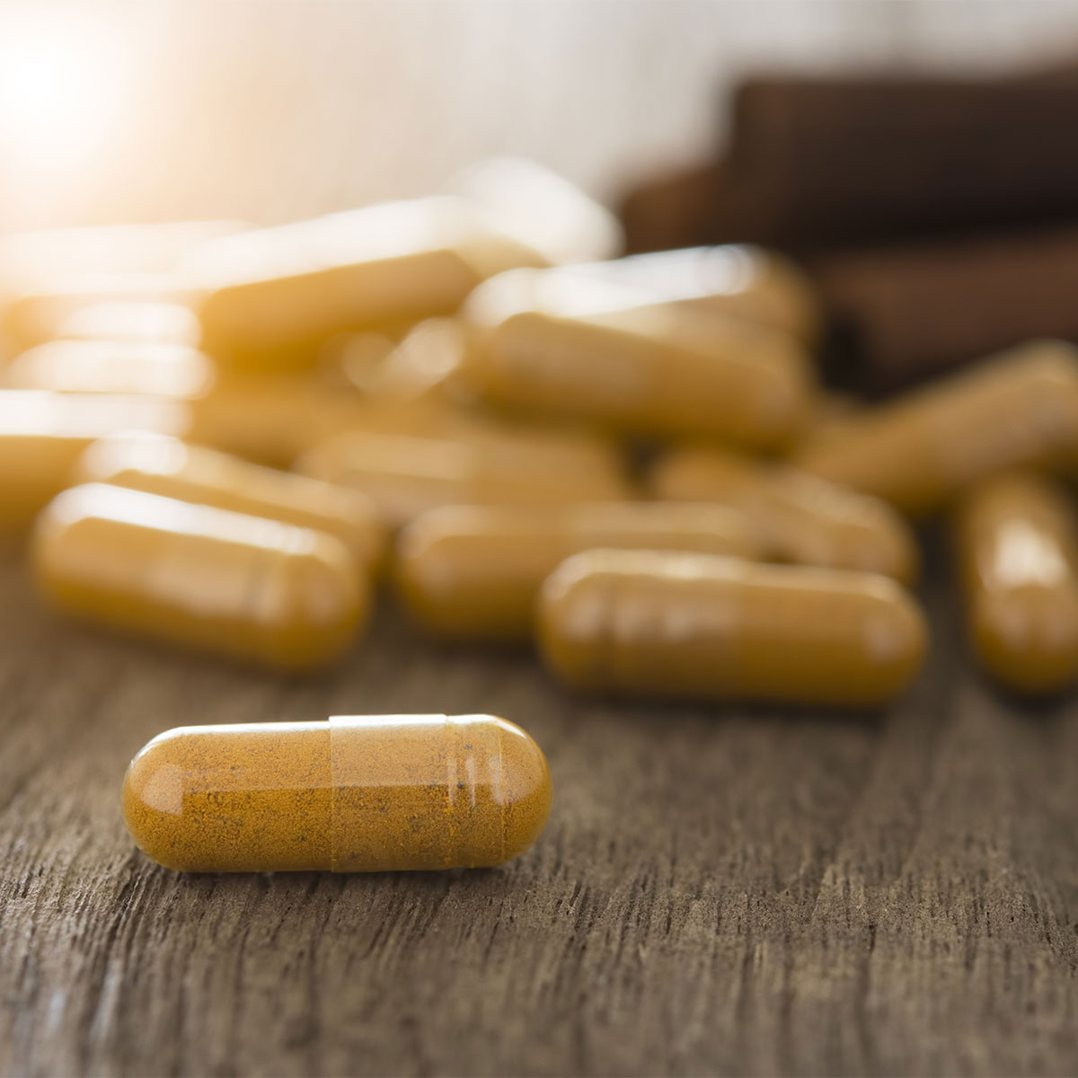 herbal supplements closeup wooden table