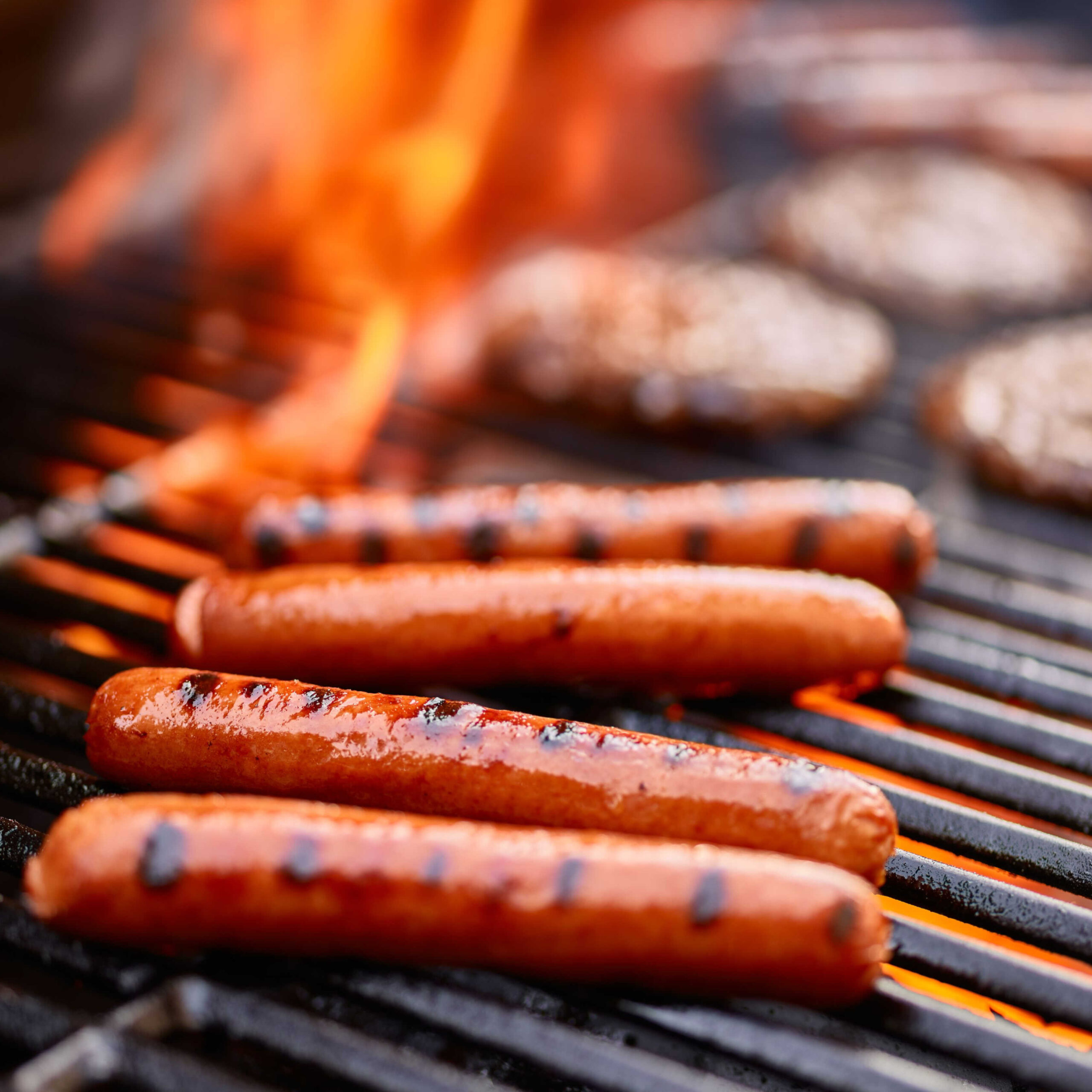 hot dogs and hamburgers on grill