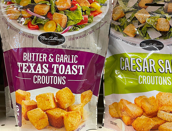 packaged croutons on shelf