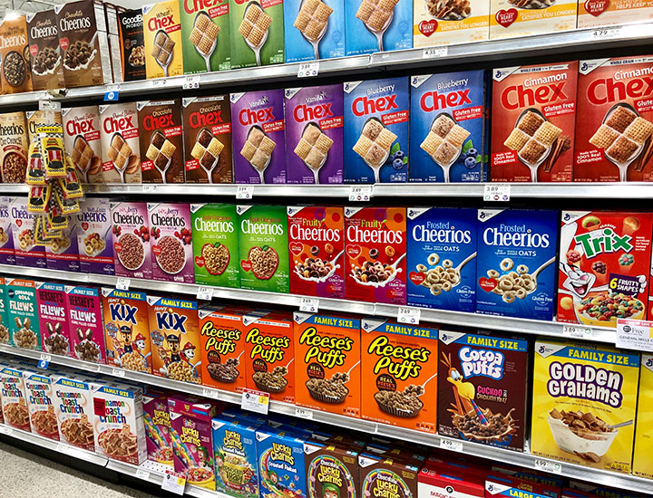 shelves of breakfast cereal