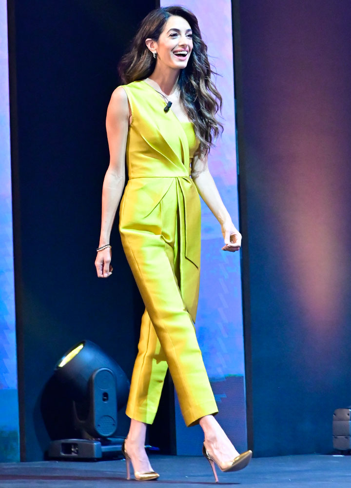 Amal Clooney We Choose Earth tour Madrid gold jumpsuit