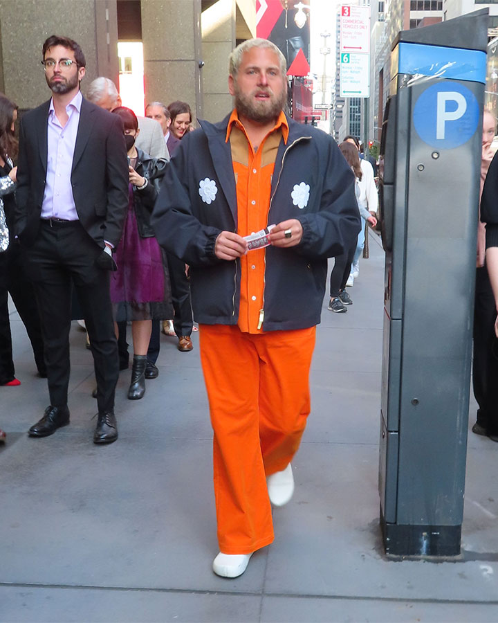 Jonah Hill arriving at the Broadway opening of 'Funny Girl' in Times Square NYC, 2022