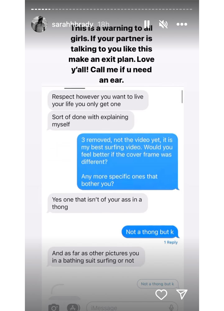 Jonah Hill texts to Sarah Brady in Instagram Story