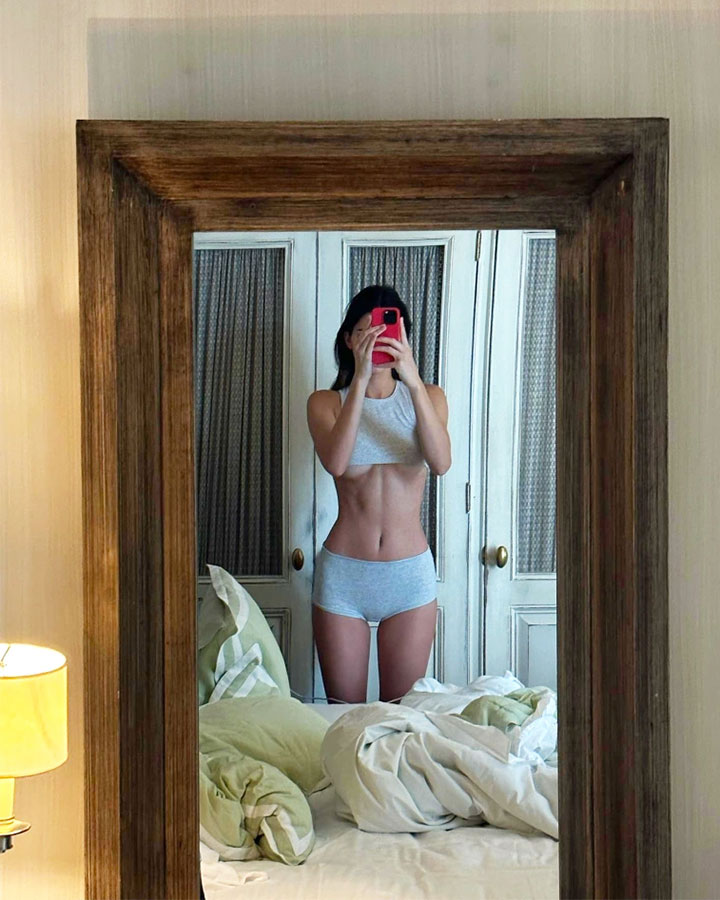 kendall jenner instagram story mirror selfie grey shorts bra top