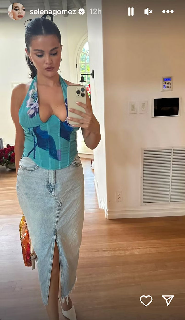 Selena Gomez bustier top denim skirt Instagram Story