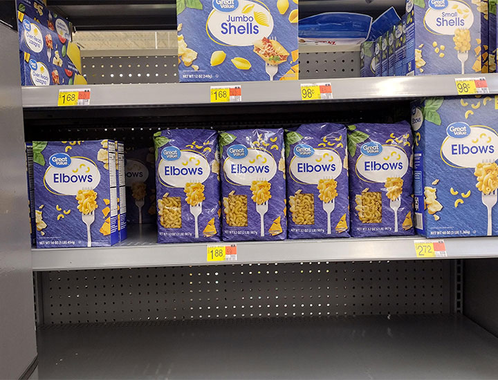 walmart pasta on shelves in plastic packaging