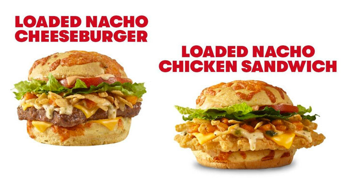 loaded nacho cheeseburger and loaded nacho chicken sandwich