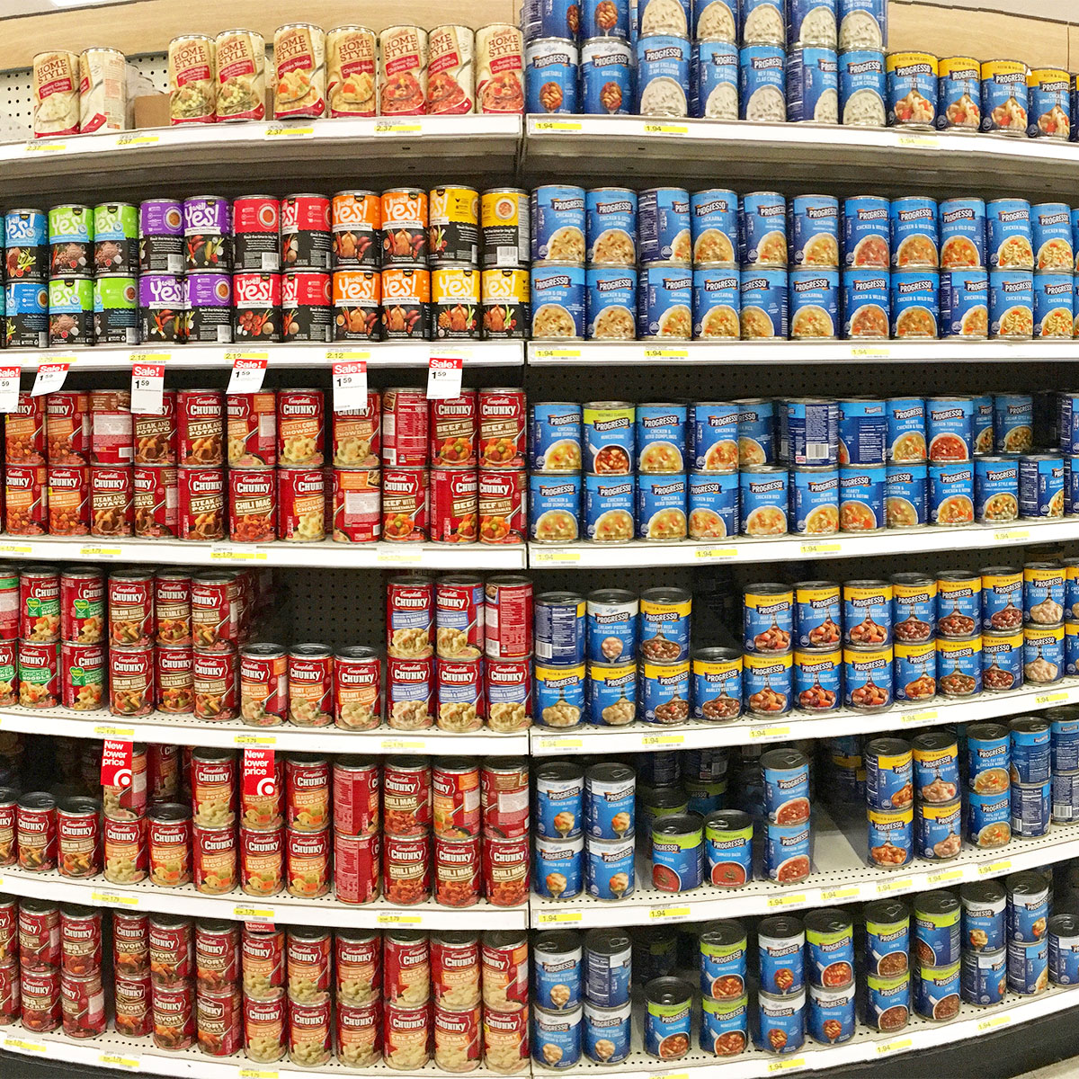 canned soup aisle at grocery store