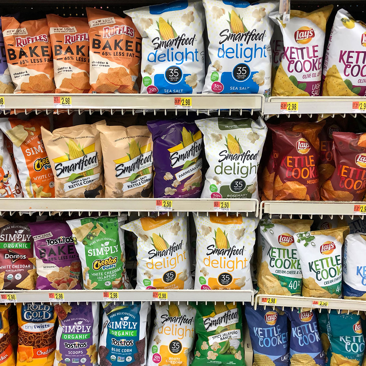 popcorn and chip aisle at walmart