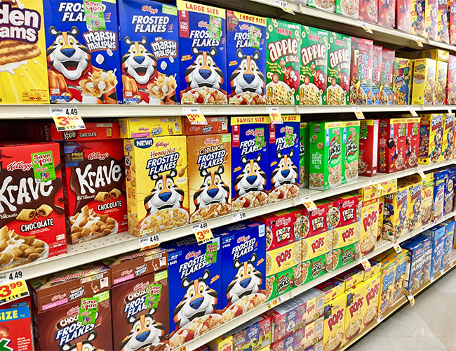 sugary cereal boxes in store