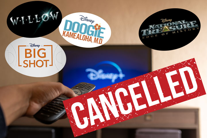 Collage of Disney+ shows cancelled in 2023 in front of TV