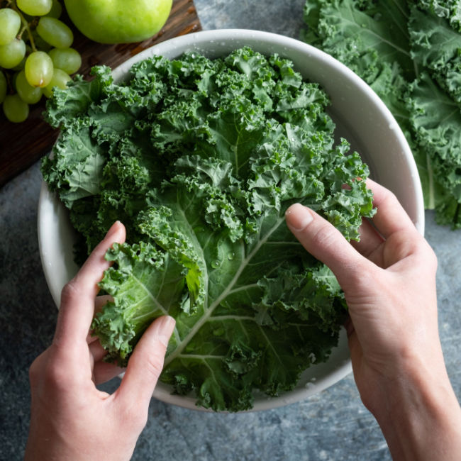 hands massaging kale