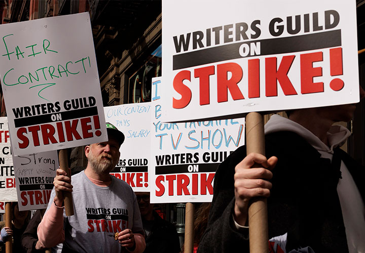 Picketers during the Writers Strike in NYC, 2023