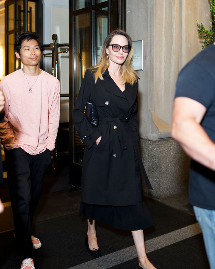 Angelina Jolie spotted New York hotel black trench coat