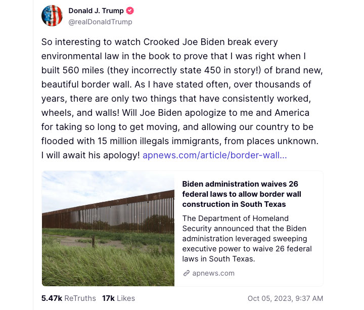 Donald Trump Truth Social post about Biden border policy