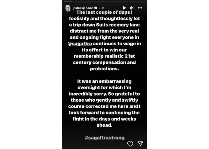 Patrick J Adams Instagram Story apology