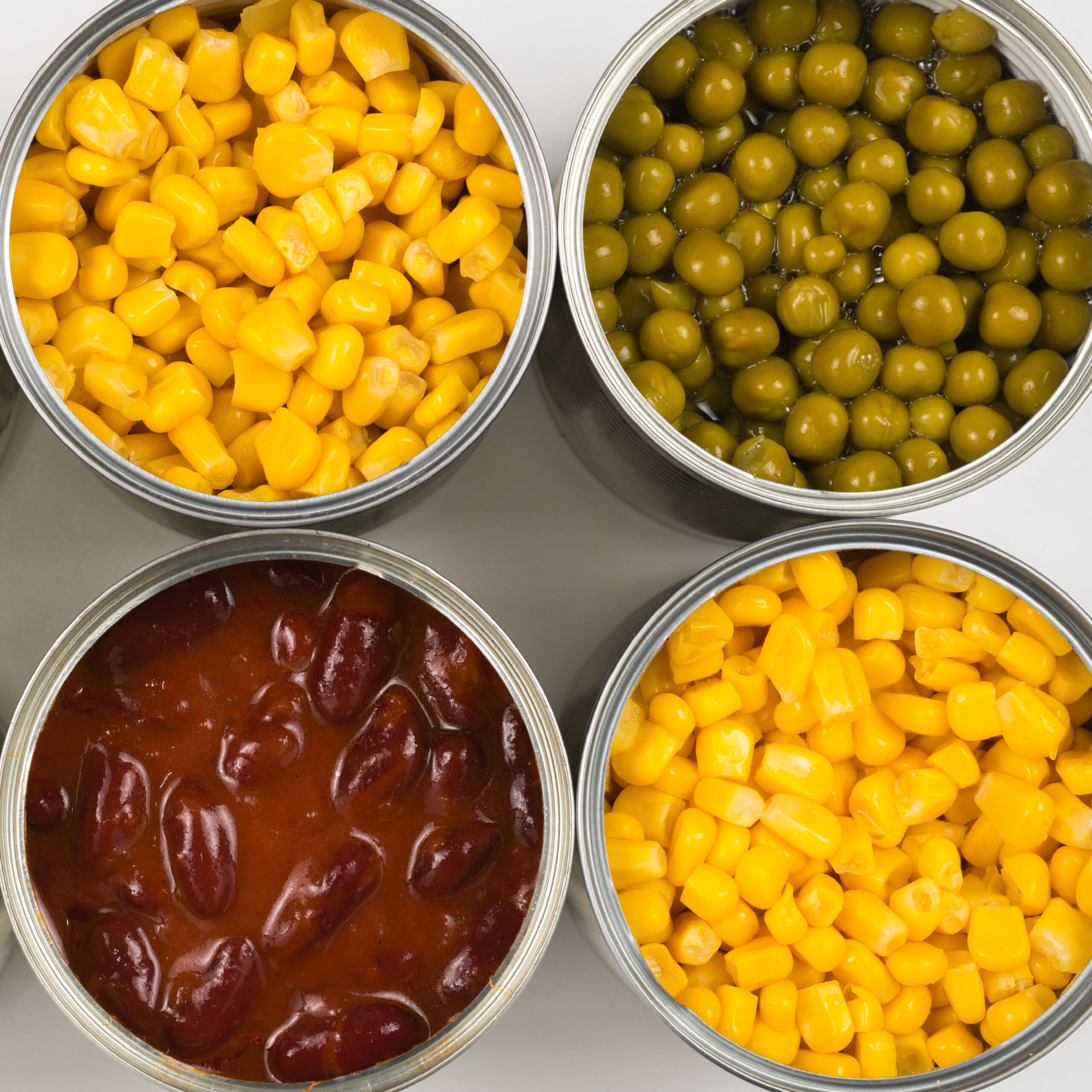 canned corn, peas, and beans