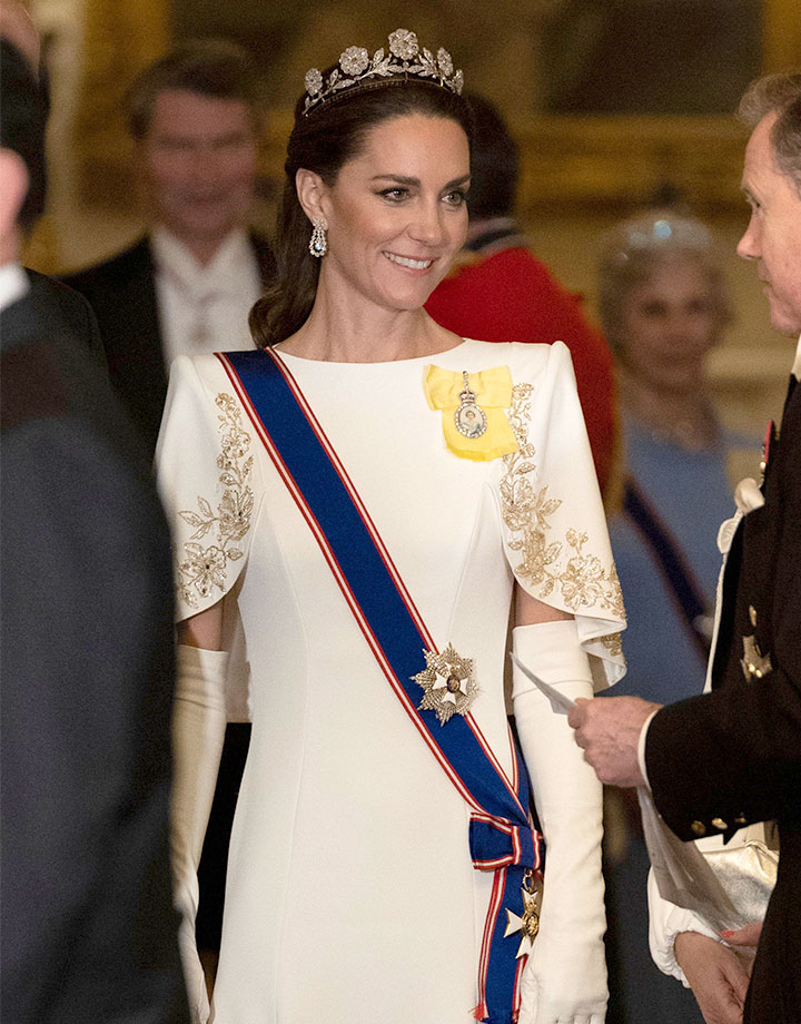 Kate Middleton Jenny Packham dress Queen Mother's tiara state banquet Buckingham Palace 2023