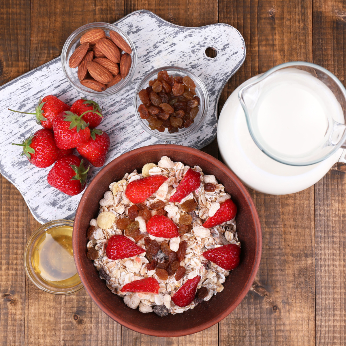 oatmeal with toppings and milk