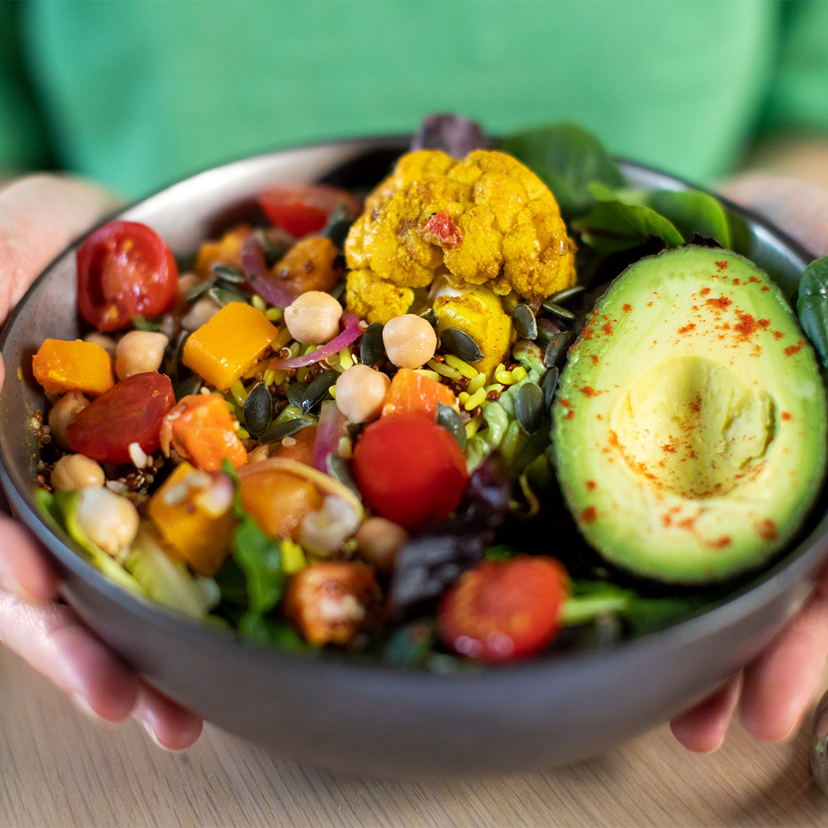 buddha bowl of vegetables, avocado, chickpeas