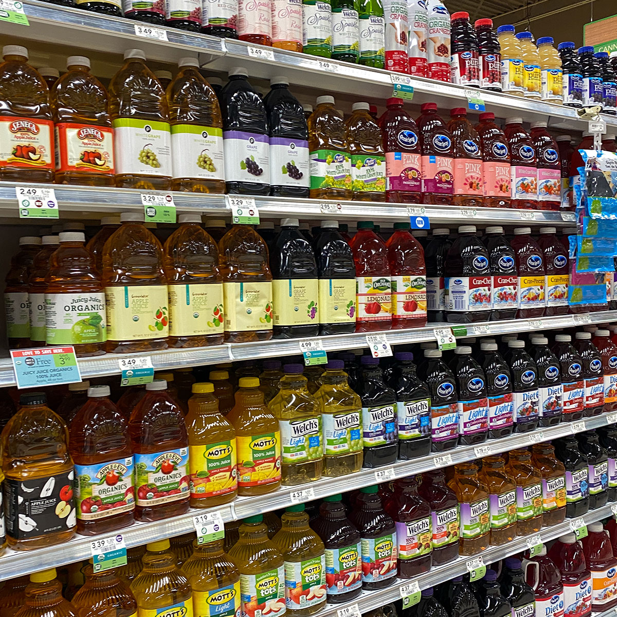 juice aisle at grocery store