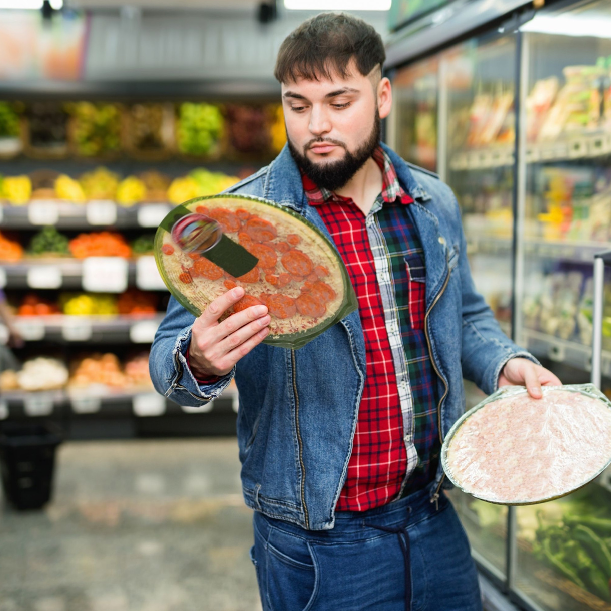 man looking at frozen pizza