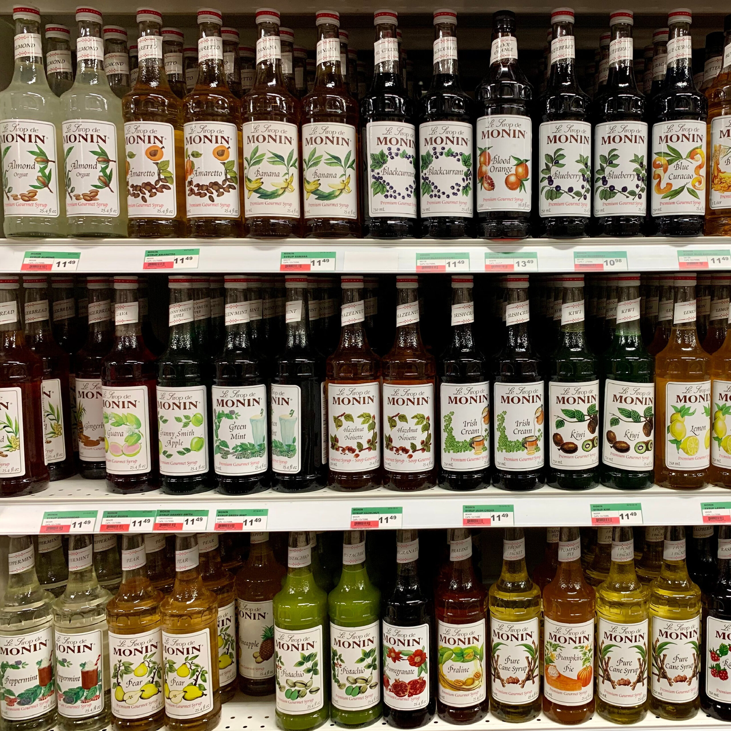 flavored syrup aisle at grocery store