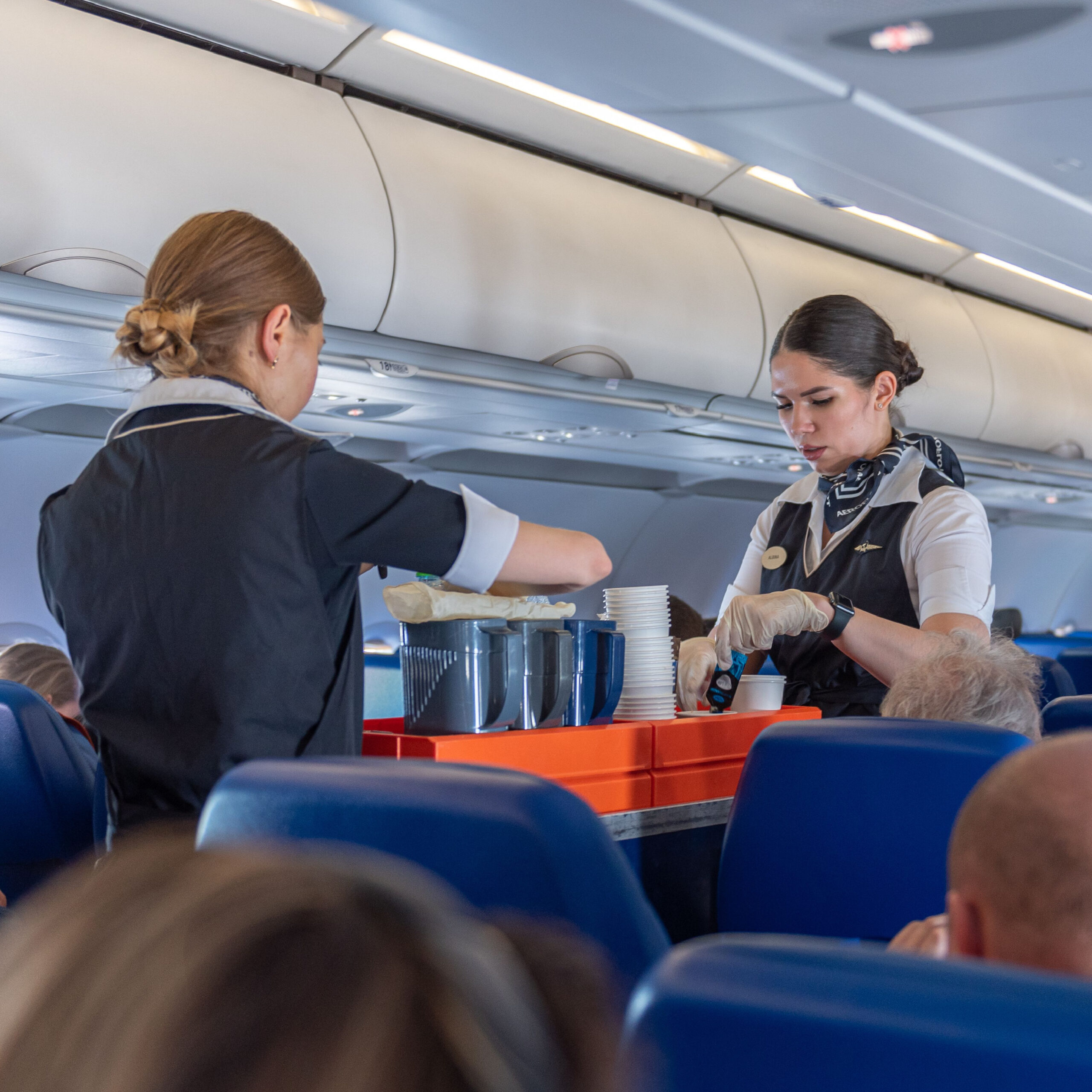 flight attendants handing out coffee