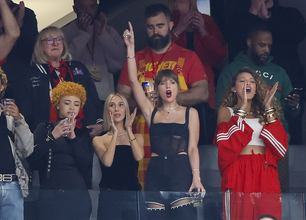 Taylor Swift and friends cheering at the Super Bowl 2024