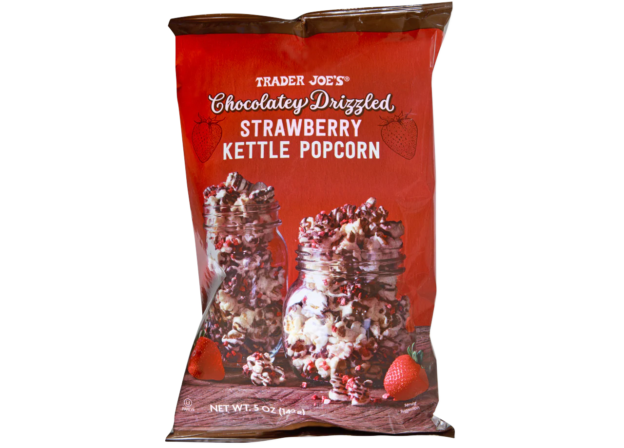 trader joe's chocolate drizzled strawberry kettle popcorn