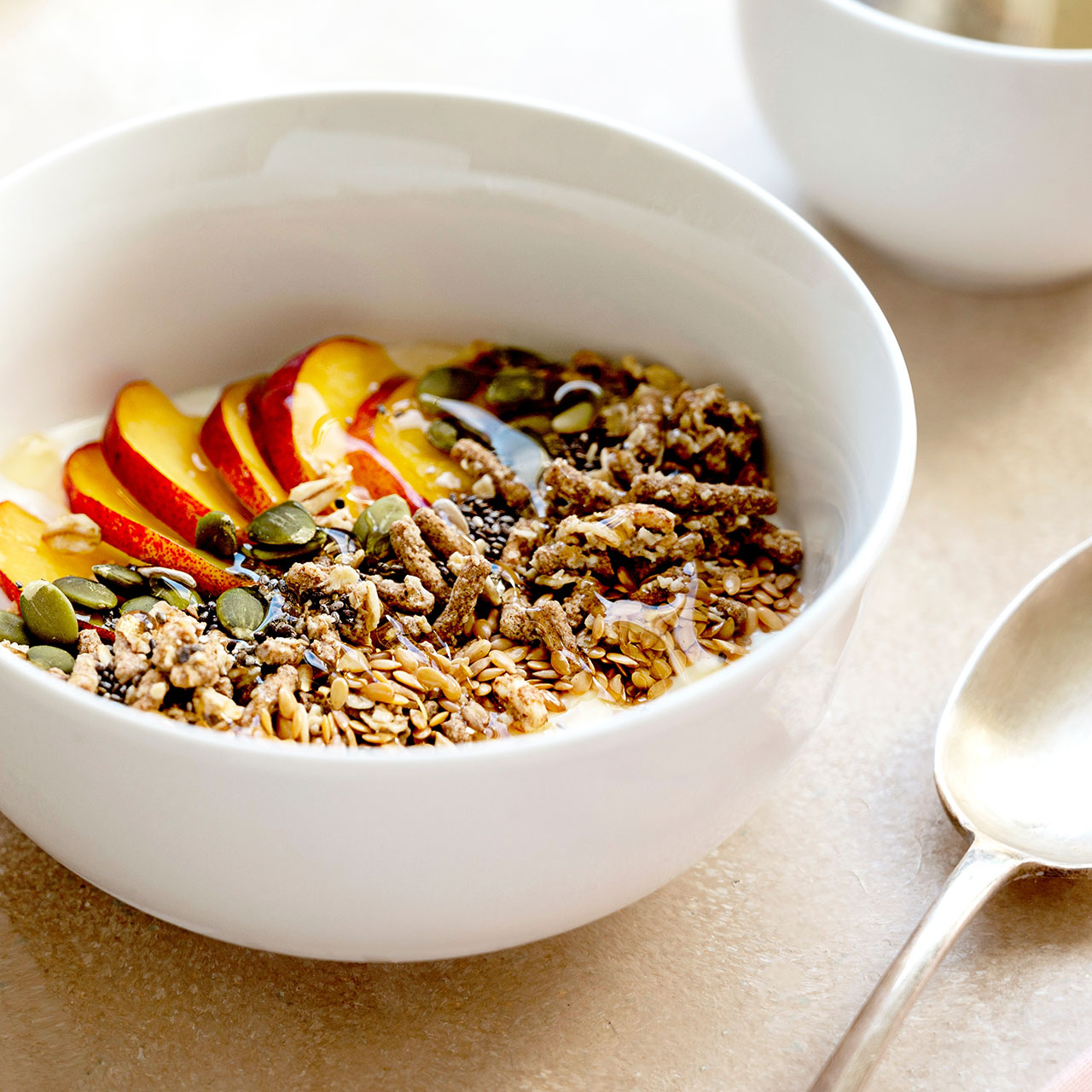 oatmeal breakfast with fruit and seeds